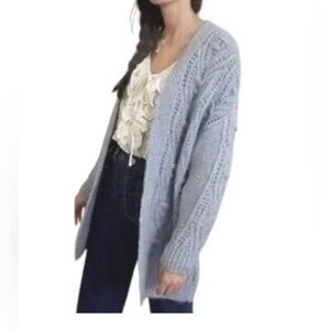 Anthropologie Nuria Blue Cable Knit Boho Longline Open Cardigan Sweater M